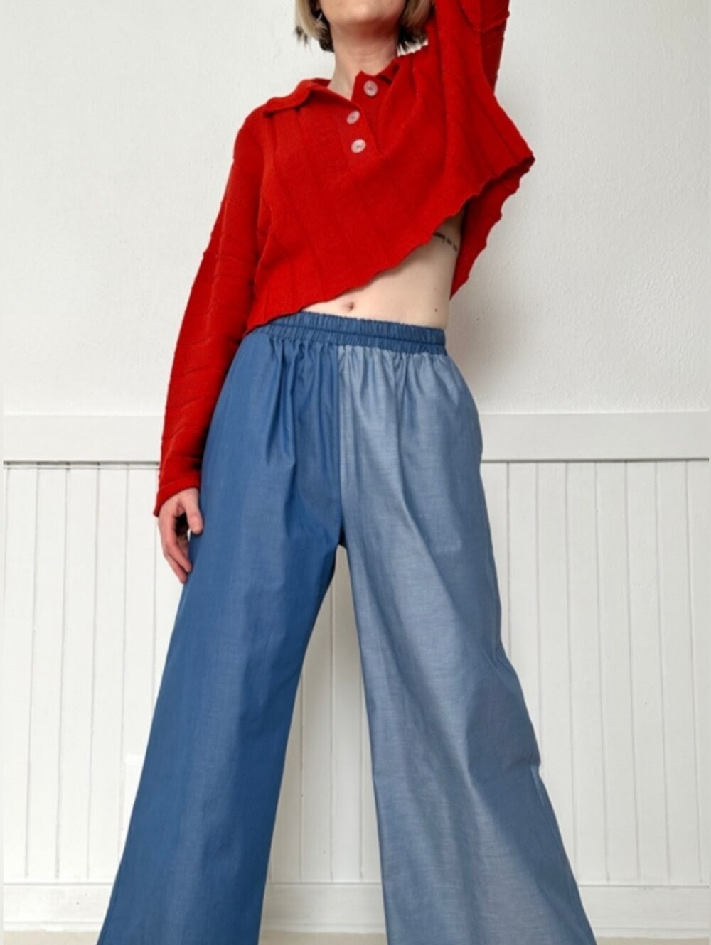 Proche Two-Tone Light and Medium Blue Sunday Wide Leg Pants, Cotton, NWT, XS/S